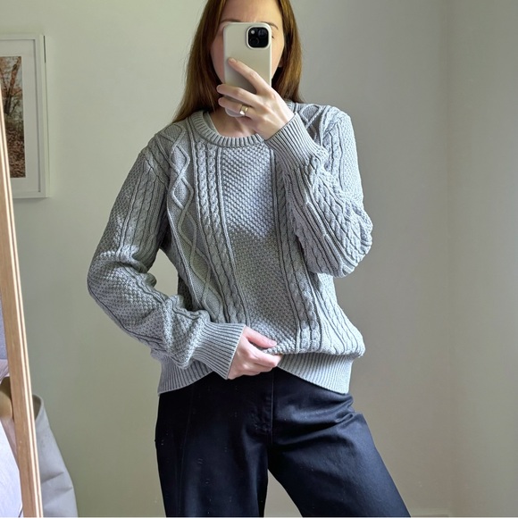 J. Crew Sweaters - Vintage J Crew Fisherman Cotton Cable Knit Sweater Sz L Gray Cabin Cozy Retro